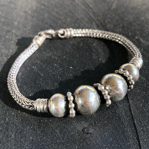 Vintage Sterling Silver Wheat Link Beaded Bracelet - Picture 12 of 15